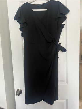 Black Wrap Midi Dress with Ruffle Sleeves- Great LBD!
